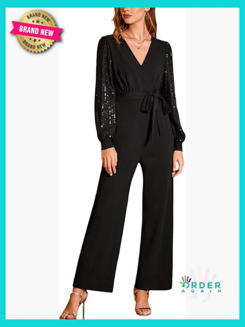 Dressy Long Sleeve Sequin Jumpsuit Sparkly Night Out V Neck Belted One Piece